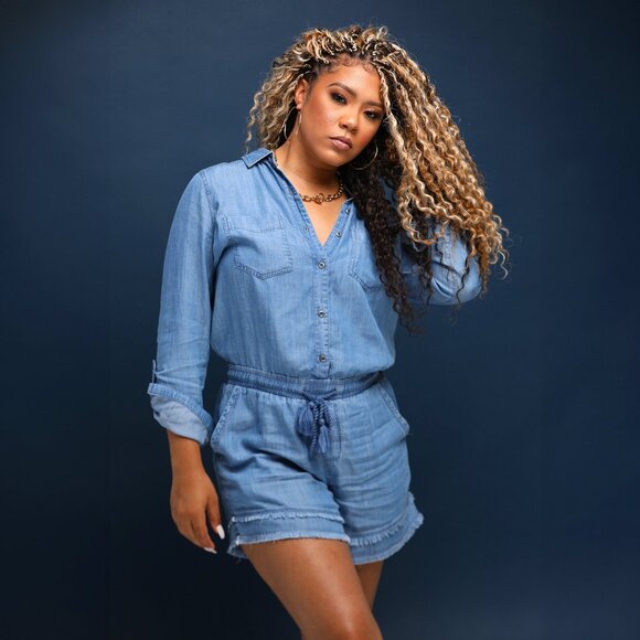 Button-Front Denim Romper - Picture 1 of 3